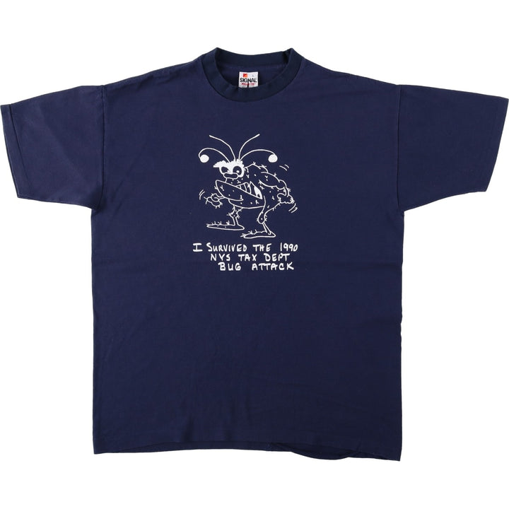 ~90'S SIGNAL NYS TAX DEPT BUG ATTACK New York State Tax Department Bug Attack Print T-Shirt Made in USA Men's L equivalent cotton navy blue type Vintage Second Hand