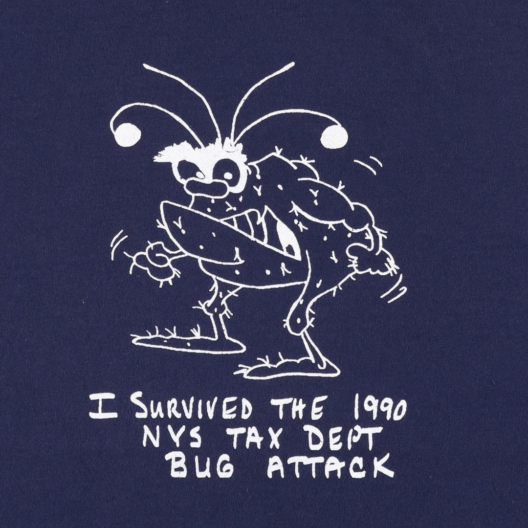 ~90'S SIGNAL NYS TAX DEPT BUG ATTACK New York State Tax Department Bug Attack Print T-Shirt Made in USA Men's L equivalent cotton navy blue type Vintage Second Hand