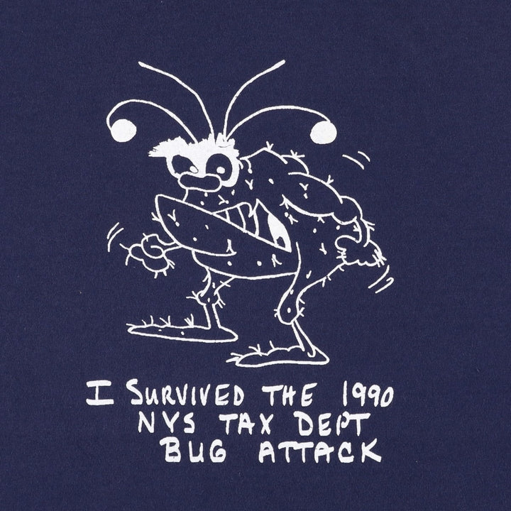 ~90'S SIGNAL NYS TAX DEPT BUG ATTACK New York State Tax Department Bug Attack Print T-Shirt Made in USA Men's L equivalent cotton navy blue type Vintage Second Hand