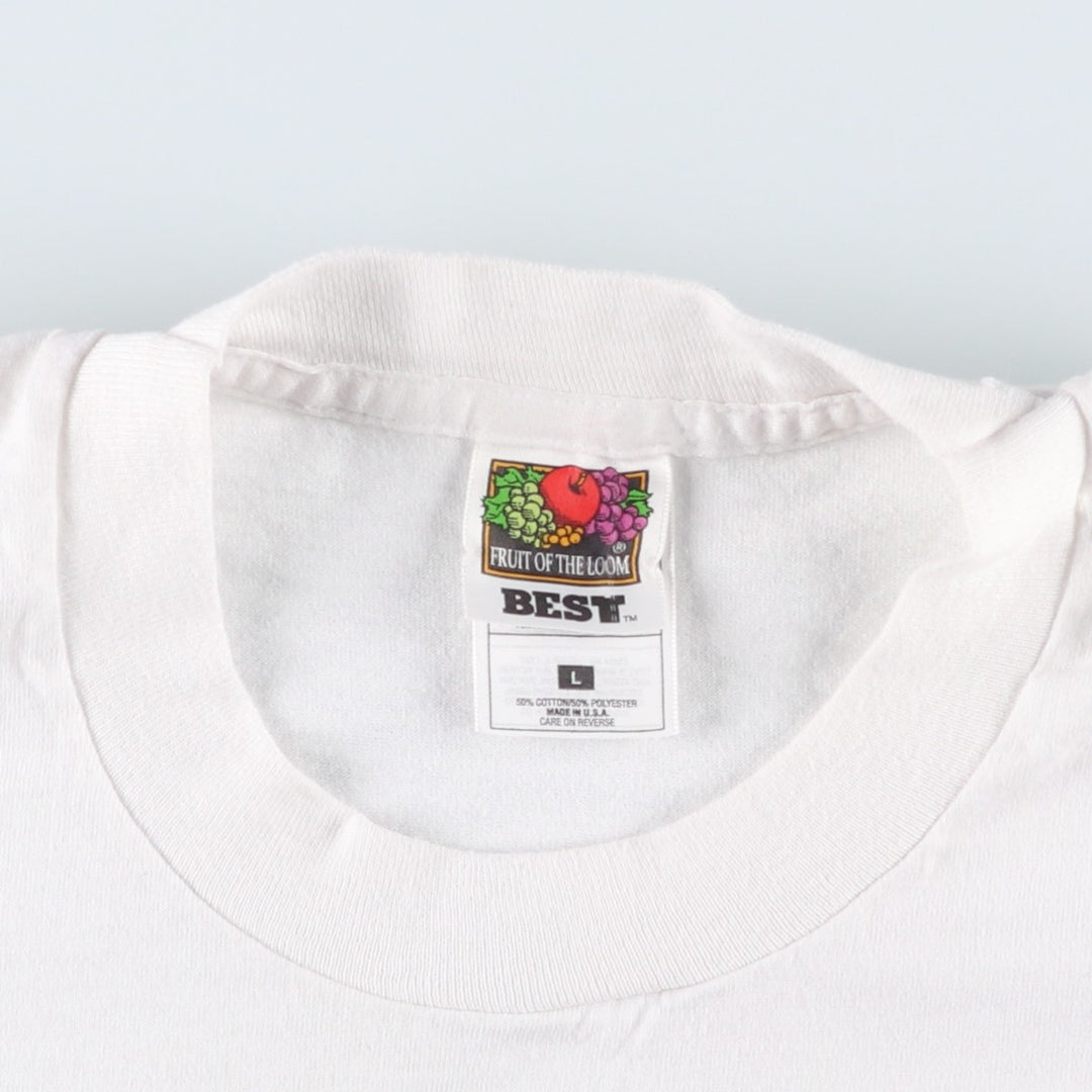 90'S Fruit of the Loom Best Printed T-shirt, Made in USA, Men's L size, Vintage cotton white type Vintage Second Hand