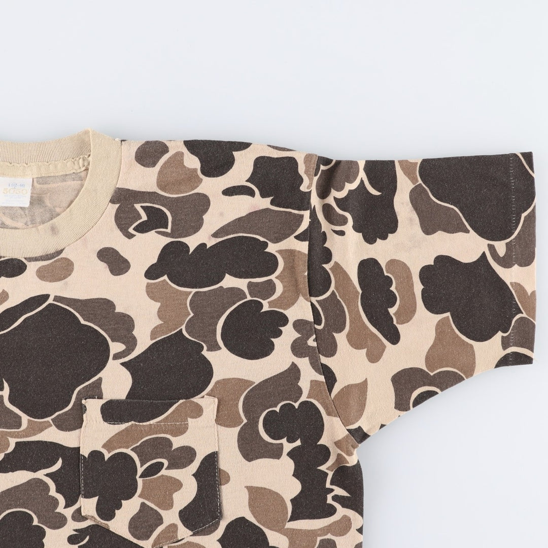 5050 Duck Hunter Camo Pocket T-Shirt, Made in USA, Men's Size L (approx.) cotton Beige type Vintage Second Hand
