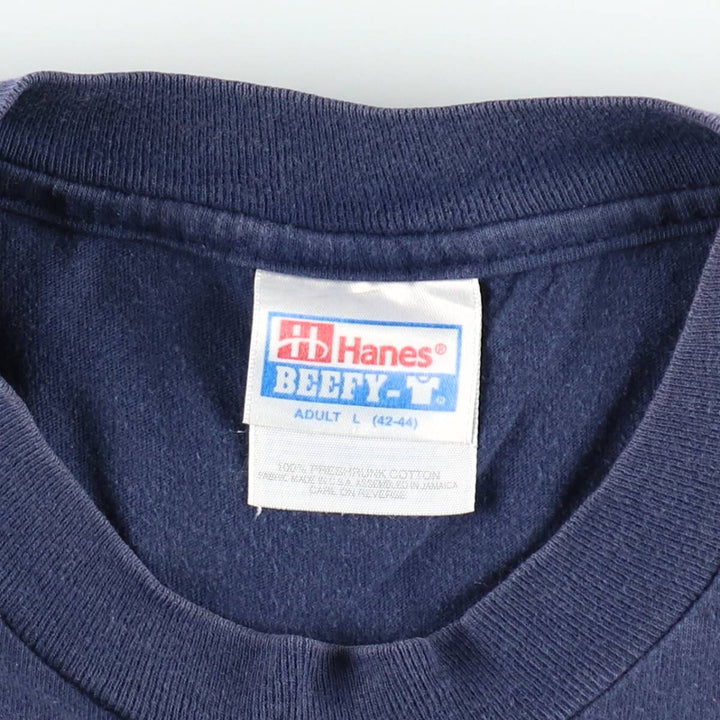 90'S Hanes BEEFY-T Printed T-shirt, Made in USA, Men's L size, Vintage cotton navy blue type Vintage Second Hand