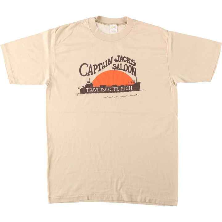 80'S sportswear print T-shirt, made in USA, men's size L. polyester Beige type Vintage Second Hand