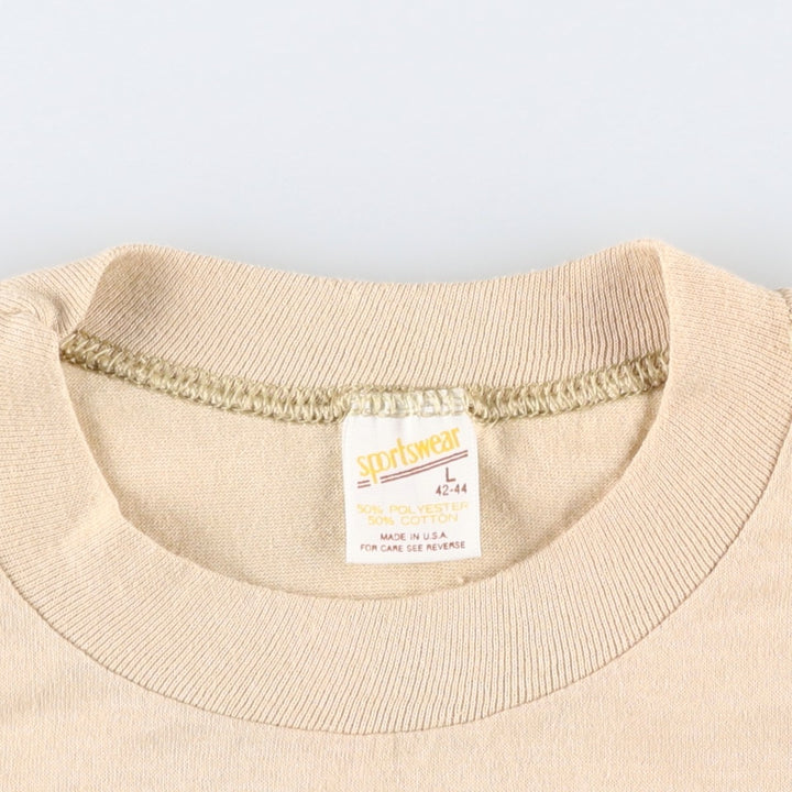 80'S sportswear print T-shirt, made in USA, men's size L. polyester Beige type Vintage Second Hand