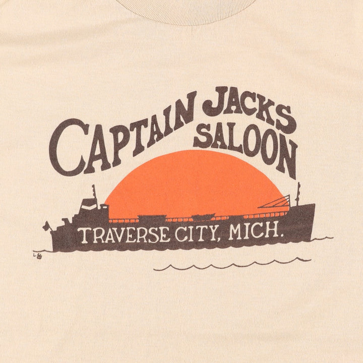 80'S sportswear print T-shirt, made in USA, men's size L. polyester Beige type Vintage Second Hand