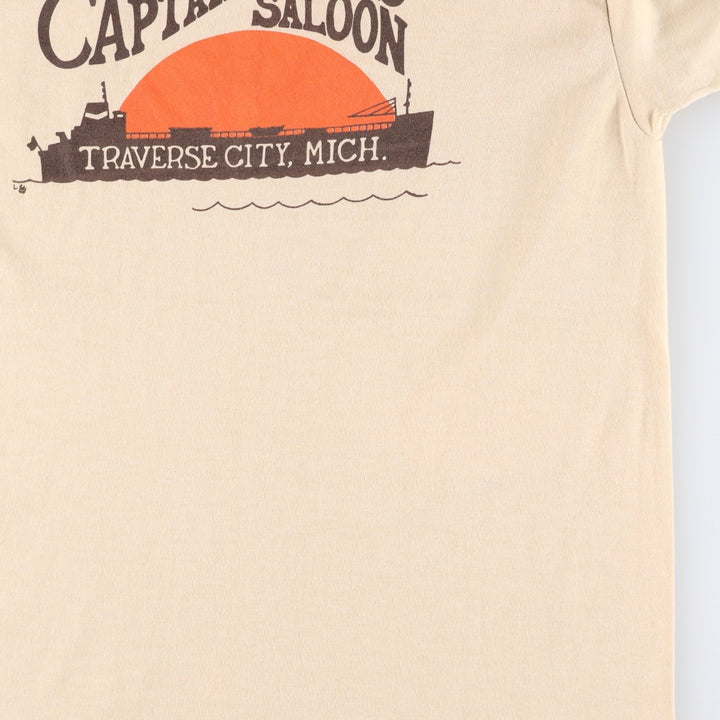 80'S sportswear print T-shirt, made in USA, men's size L. polyester Beige type Vintage Second Hand