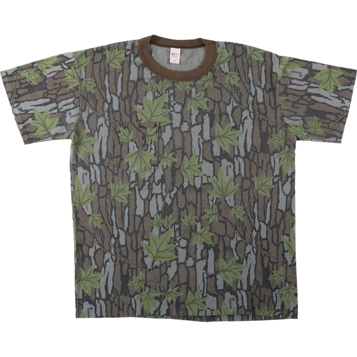 ~90'S Tree Bark Camo T-Shirt, Made in USA, Men's XL equivalent, Vintage polyester Khaki type sage green Vintage Second Hand