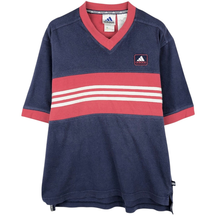 90s-00'S Adidas V-neck logo T-shirt, men's size S (approx.) cotton navy blue type Vintage Second Hand