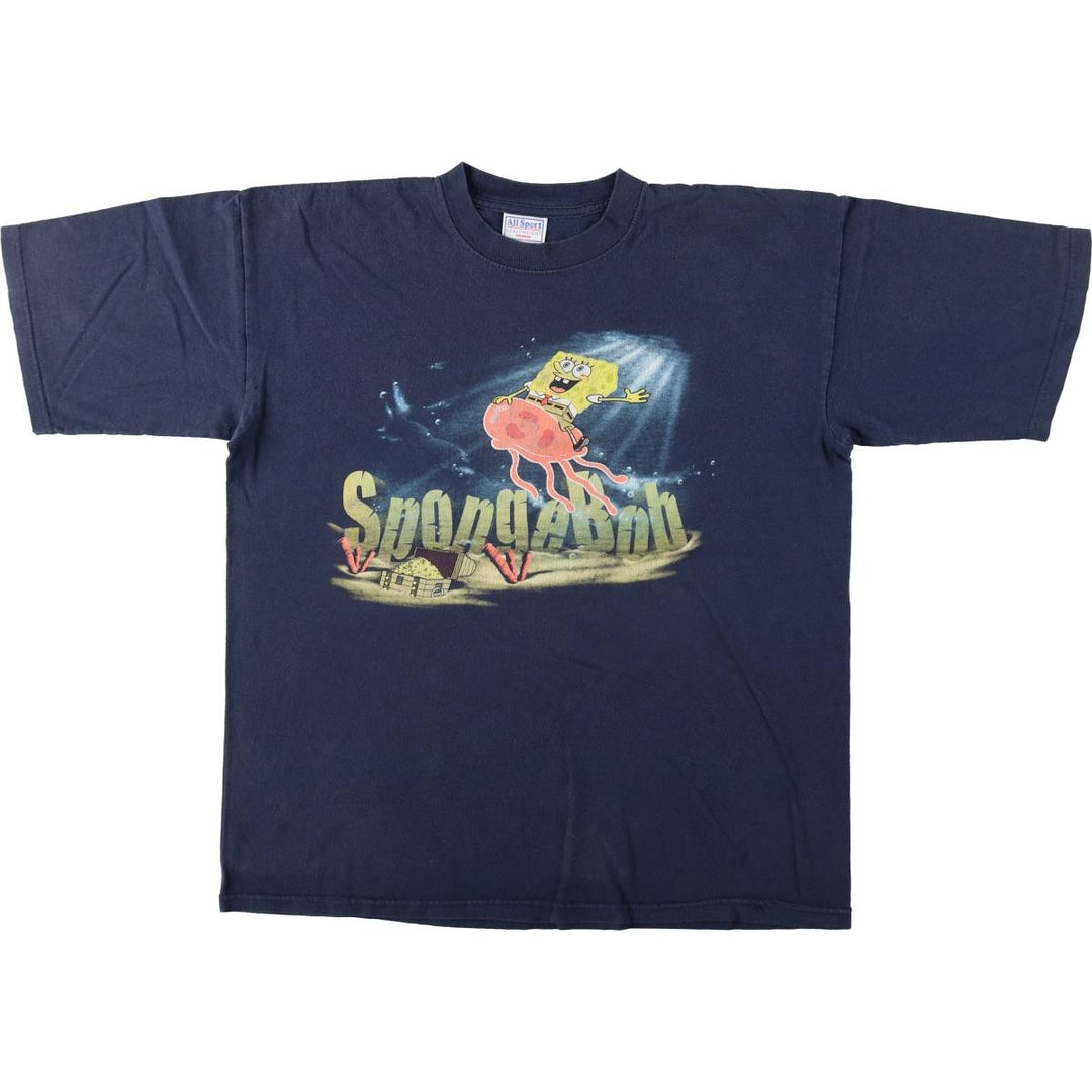 All Sport SPONGEBOB SpongeBob Anime Character Print T-Shirt (Men's Size L) cotton navy blue type Vintage Second Hand