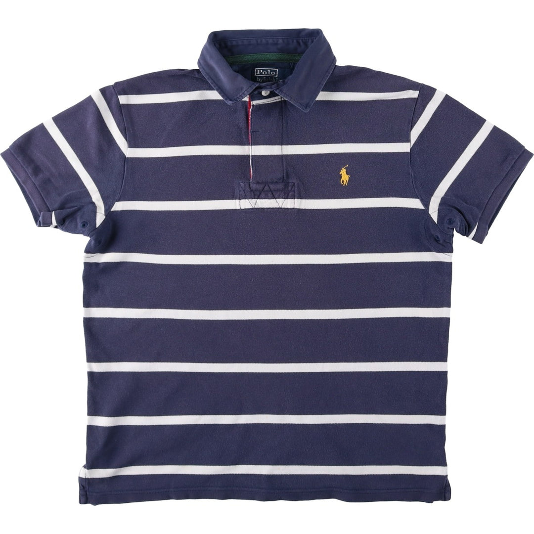 Ralph Lauren POLO by Ralph Lauren CUSTOM FIT Border Pattern Short Sleeve Rugby Shirt Men's M cotton navy blue type Vintage Second Hand