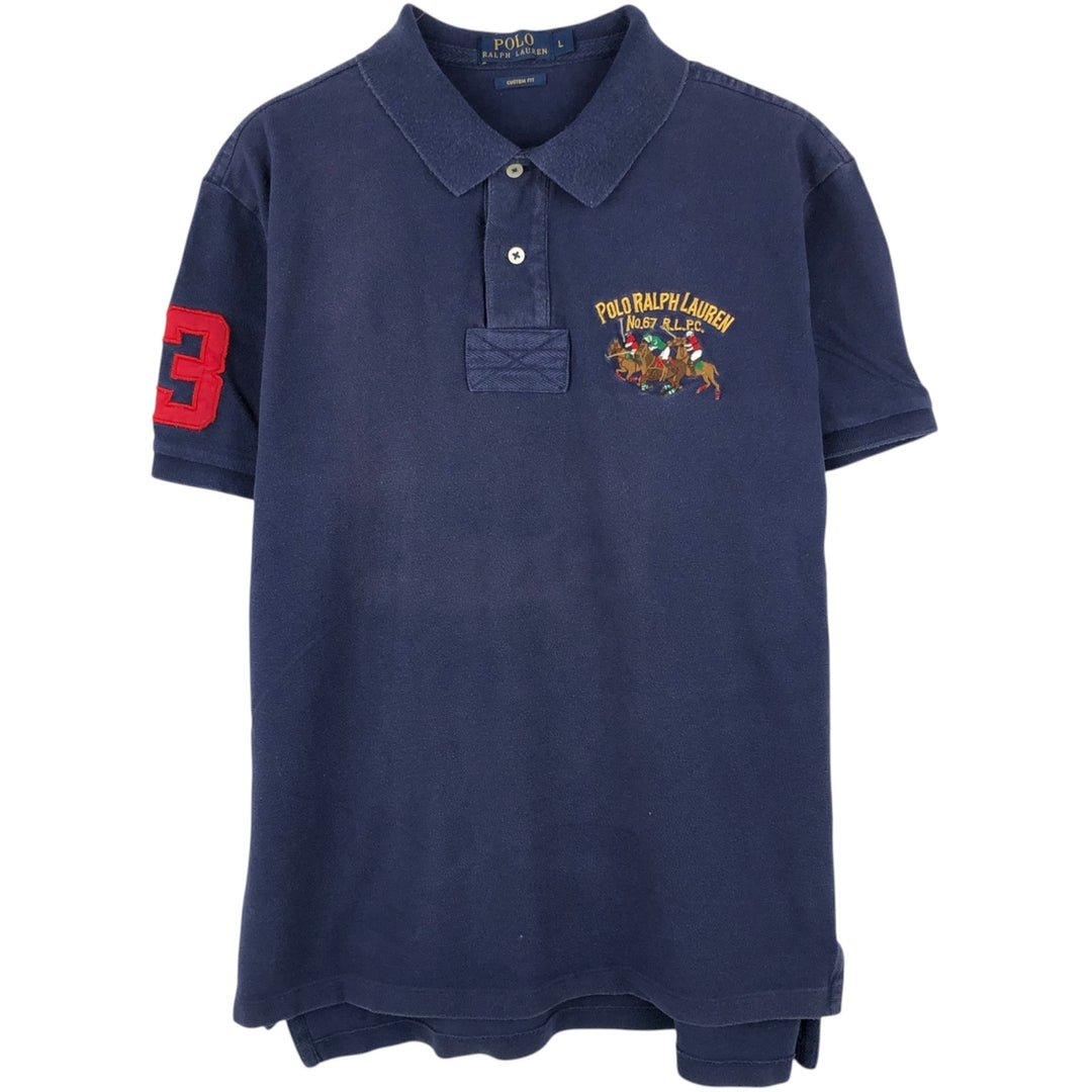 Ralph Lauren POLO RALPH LAUREN CUSTOM FIT Triple Pony Short-Sleeve Polo Shirt, Men's Size L (Equivalent), Faded cotton navy blue type Vintage Second Hand
