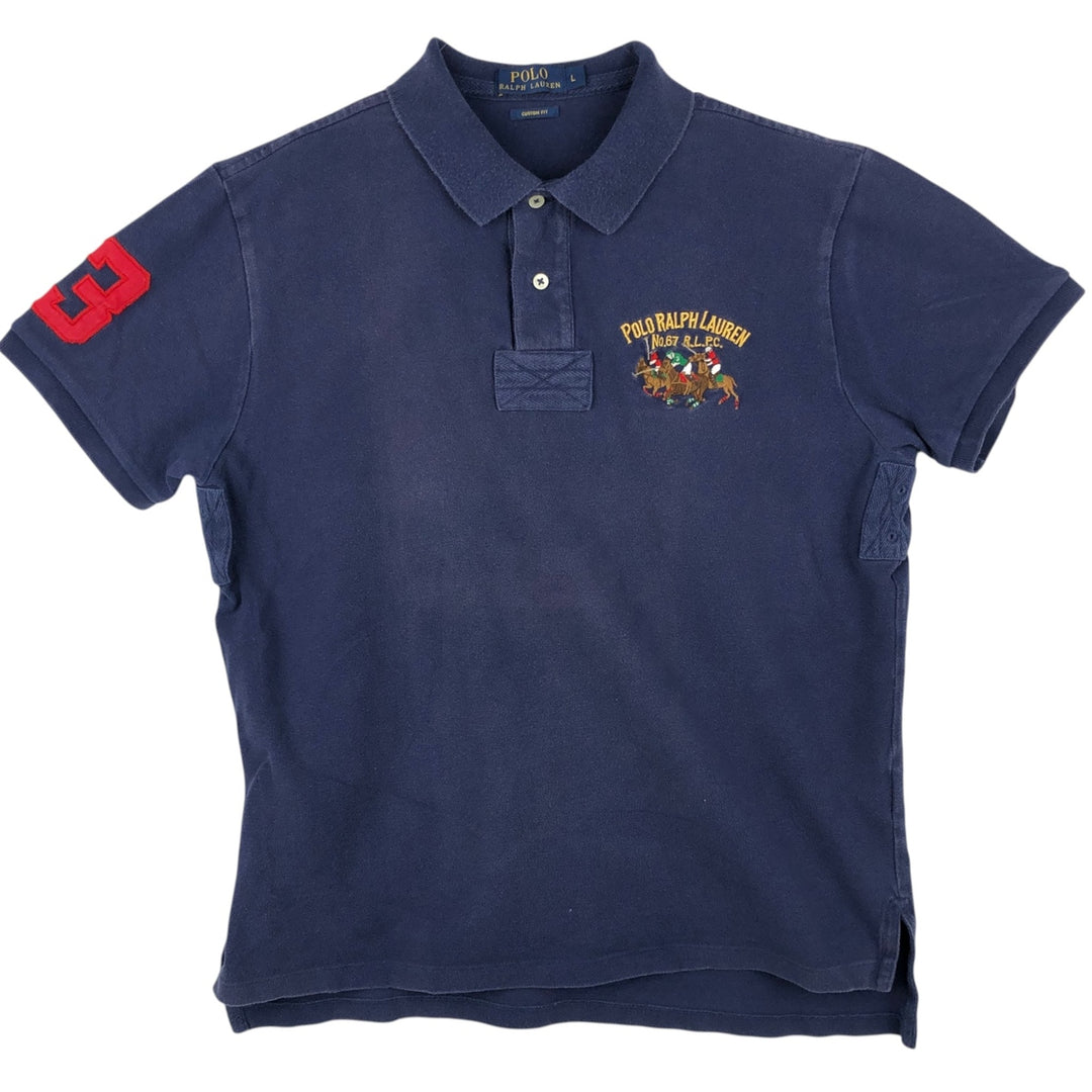 Ralph Lauren POLO RALPH LAUREN CUSTOM FIT Triple Pony Short-Sleeve Polo Shirt, Men's Size L (Equivalent), Faded cotton navy blue type Vintage Second Hand