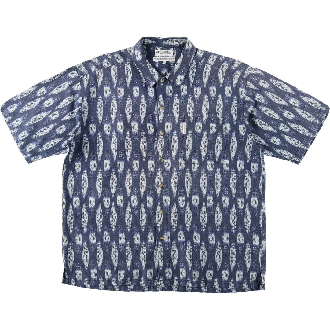 90s-00'S Columbia all-over print short-sleeved ramie x cotton box shirt, men's size XL. Lamy Navy blue Vintage Second Hand