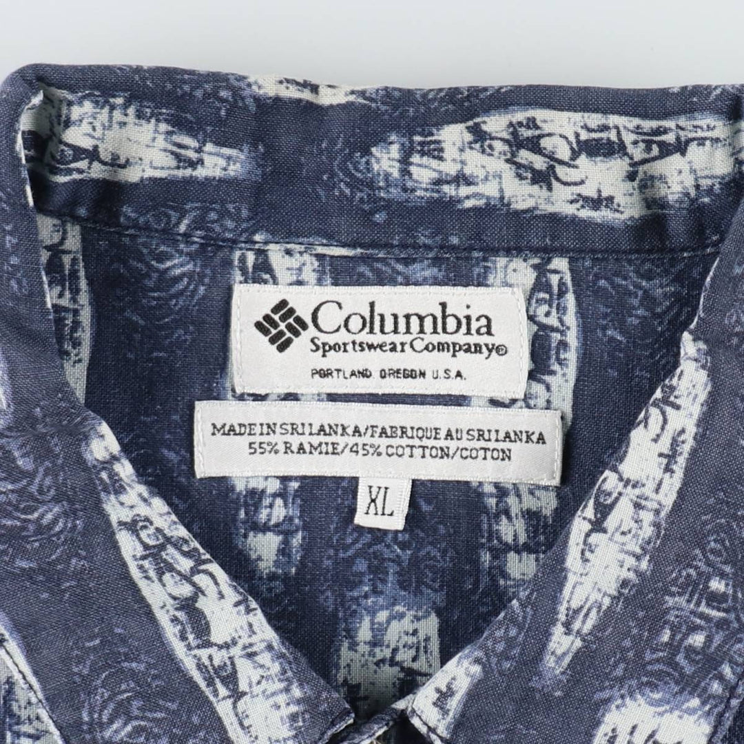 90s-00'S Columbia all-over print short-sleeved ramie x cotton box shirt, men's size XL. Lamy Navy blue Vintage Second Hand