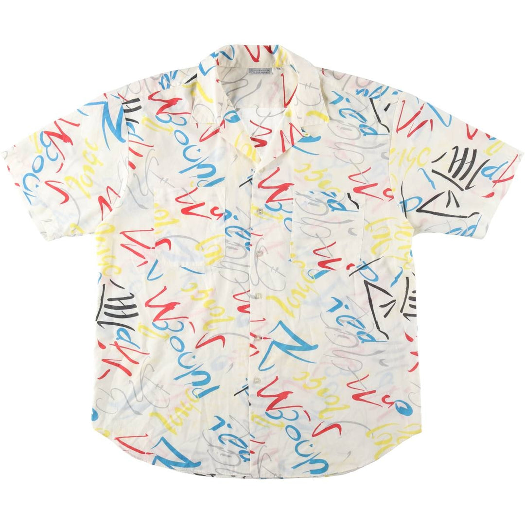 All-over print, open collar, short-sleeved poly-cotton shirt, men's size XL. polyester white type Vintage Second Hand
