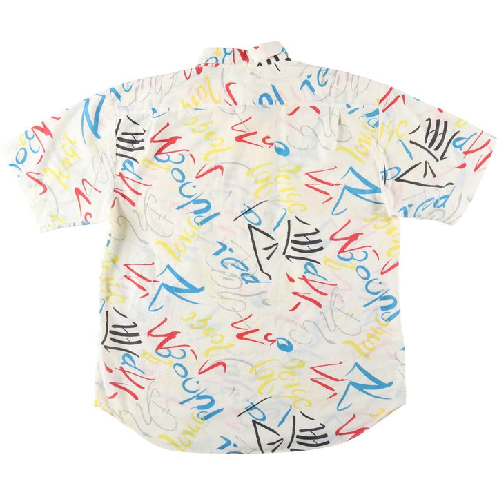 All-over print, open collar, short-sleeved poly-cotton shirt, men's size XL. polyester white type Vintage Second Hand