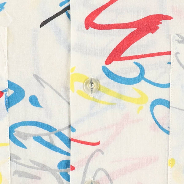 All-over print, open collar, short-sleeved poly-cotton shirt, men's size XL. polyester white type Vintage Second Hand