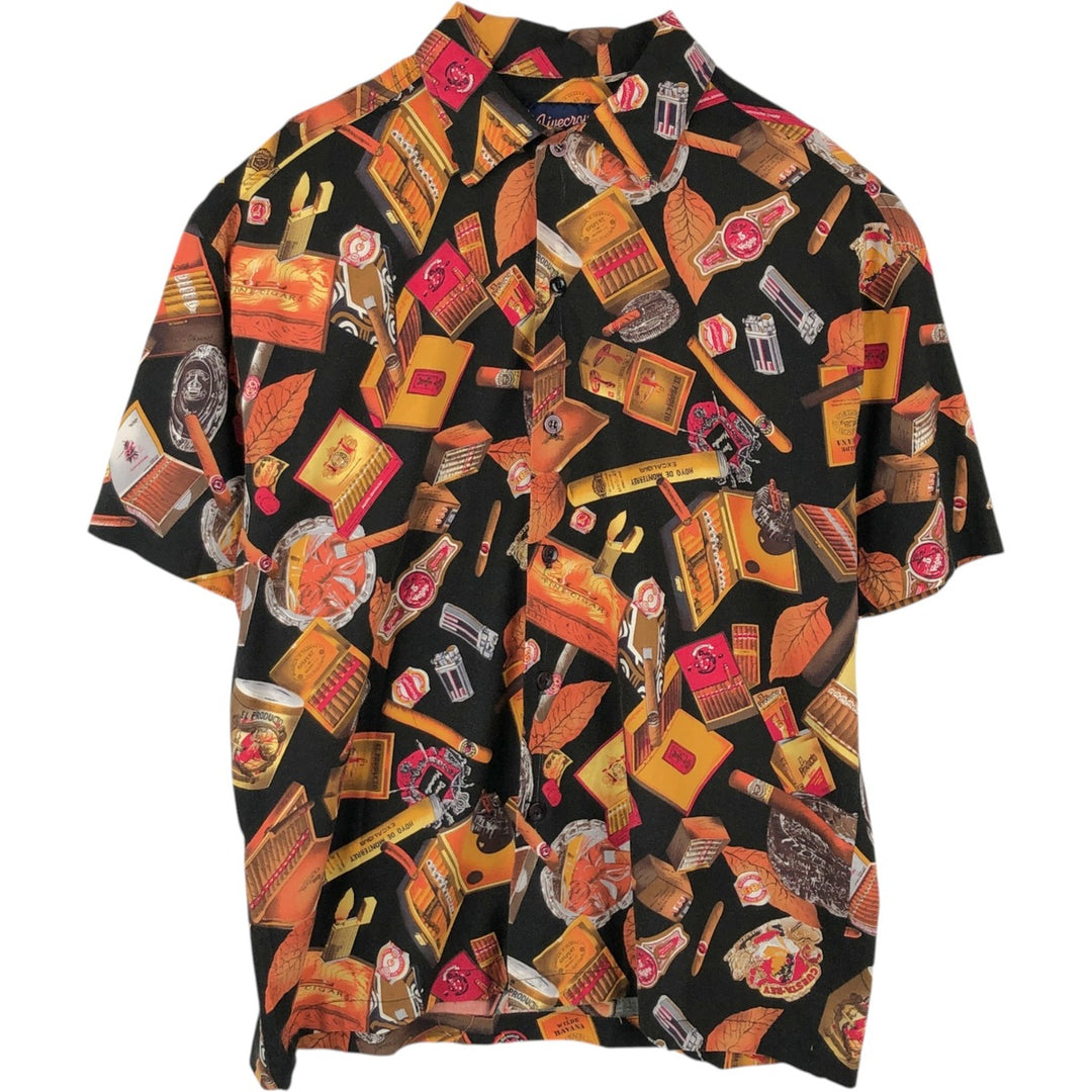 90'S Fivecrown all-over print cigar short-sleeved rayon x cotton box shirt, made in USA, men's size XL equivalent, vintage. cotton black type Vintage Second Hand