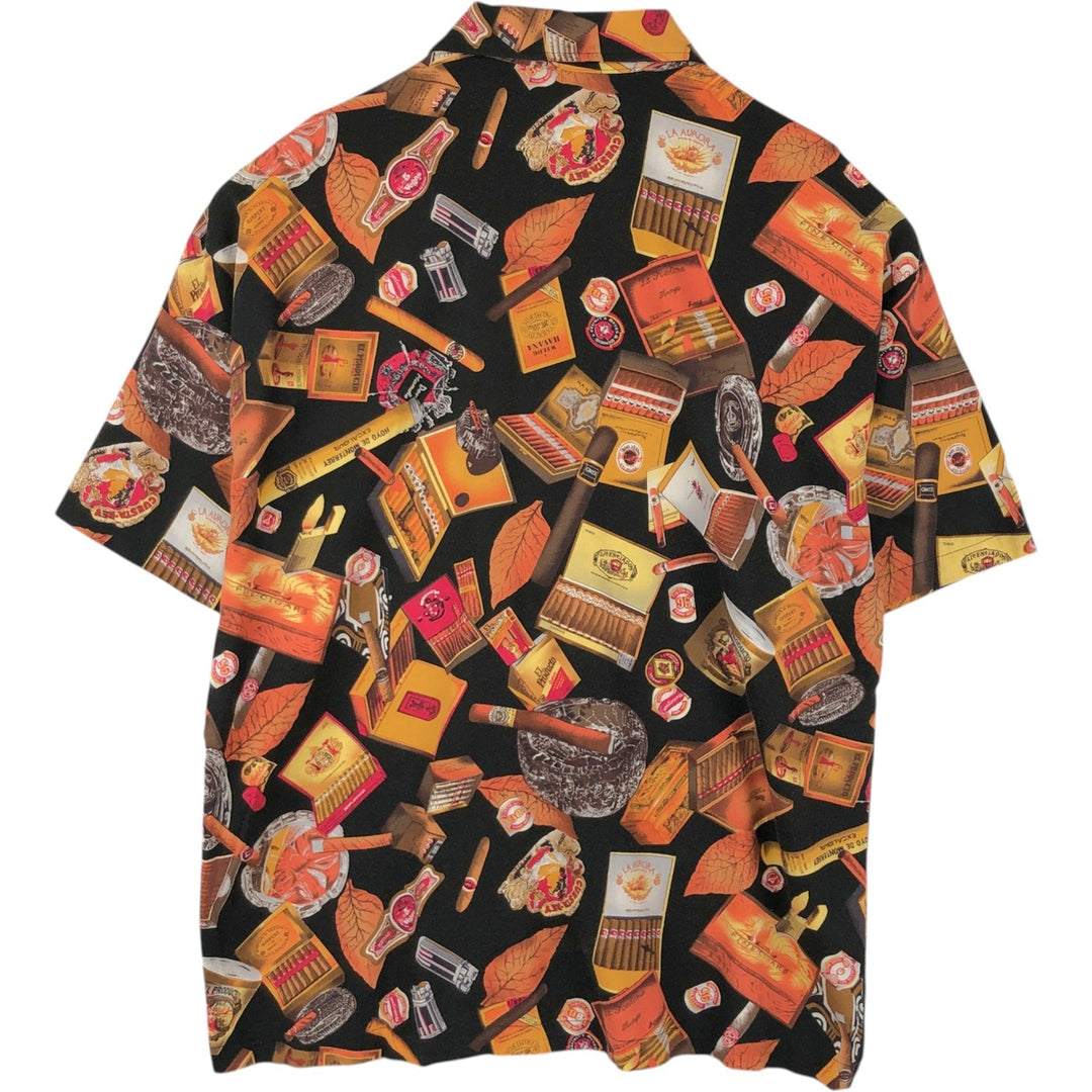 90'S Fivecrown all-over print cigar short-sleeved rayon x cotton box shirt, made in USA, men's size XL equivalent, vintage. cotton black type Vintage Second Hand