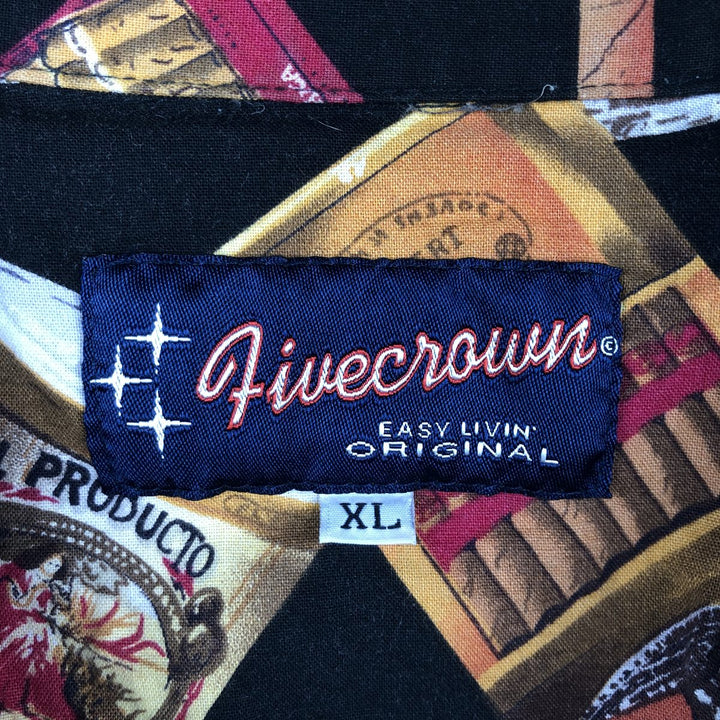 90'S Fivecrown all-over print cigar short-sleeved rayon x cotton box shirt, made in USA, men's size XL equivalent, vintage. cotton black type Vintage Second Hand