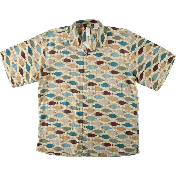 Bumka Bibas All-over fish print short-sleeved open-collar silk shirt, boxy fit, men's size M. silk Khaki type sage green Vintage Second Hand