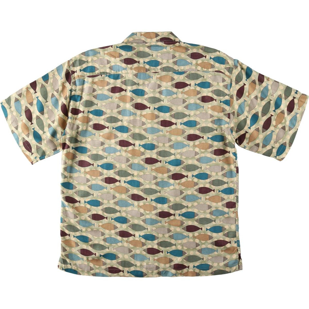Bumka Bibas All-over fish print short-sleeved open-collar silk shirt, boxy fit, men's size M. silk Khaki type sage green Vintage Second Hand