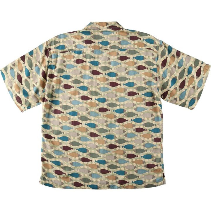 Bumka Bibas All-over fish print short-sleeved open-collar silk shirt, boxy fit, men's size M. silk Khaki type sage green Vintage Second Hand