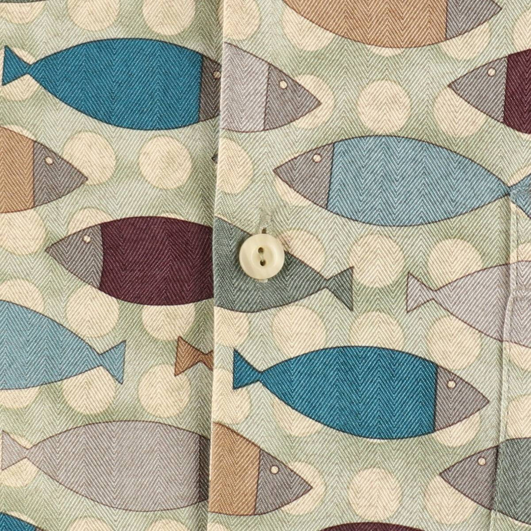 Bumka Bibas All-over fish print short-sleeved open-collar silk shirt, boxy fit, men's size M. silk Khaki type sage green Vintage Second Hand