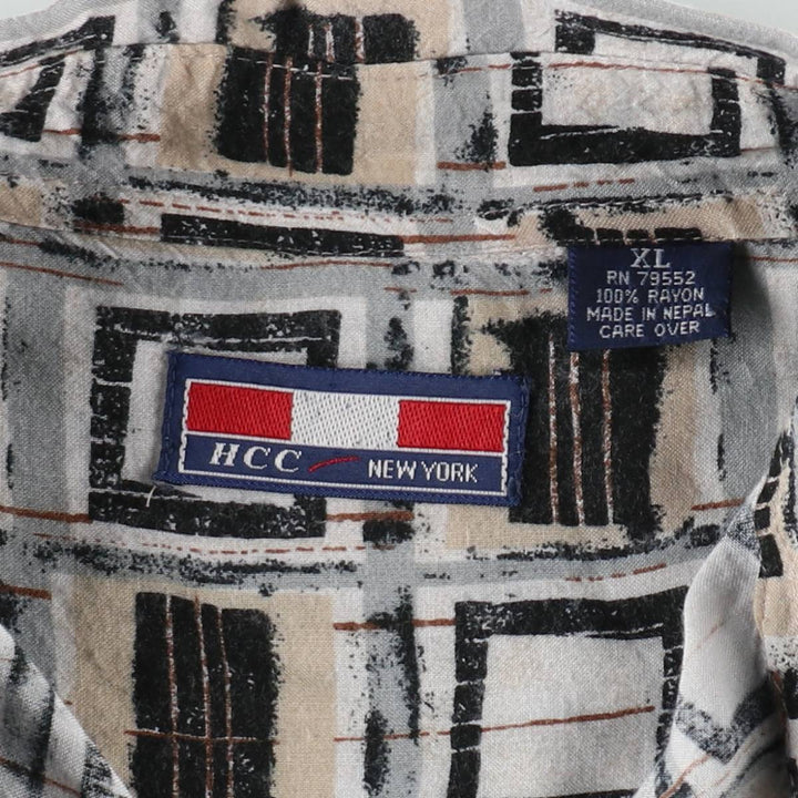 HCC NEW YORK all-over print short-sleeved rayon shirt, men's size XL. Rayon gray type Vintage Second Hand