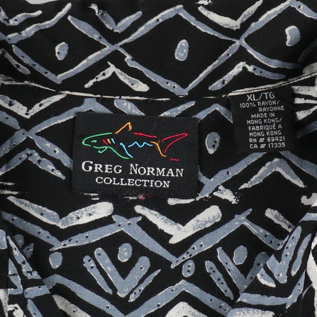GREG NORMAN all-over print open collar short-sleeved rayon shirt, boxy fit, men's size XL. Rayon black type Vintage Second Hand