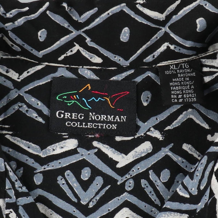GREG NORMAN all-over print open collar short-sleeved rayon shirt, boxy fit, men's size XL. Rayon black type Vintage Second Hand
