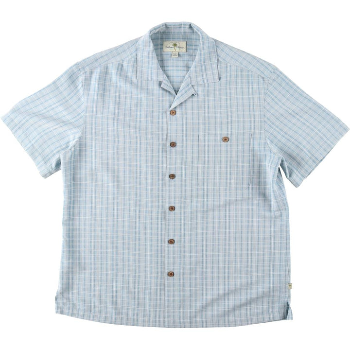 Island Shores Check Pattern Short-Sleeve Open Collar Rayon Shirt, Boxy Fit, Men's Size L (approx.) Rayon Blue type light blue Vintage Second Hand