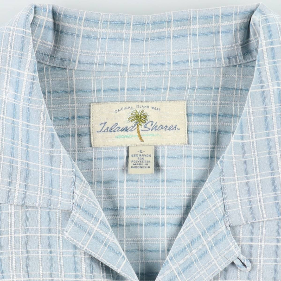 Island Shores Check Pattern Short-Sleeve Open Collar Rayon Shirt, Boxy Fit, Men's Size L (approx.) Rayon Blue type light blue Vintage Second Hand