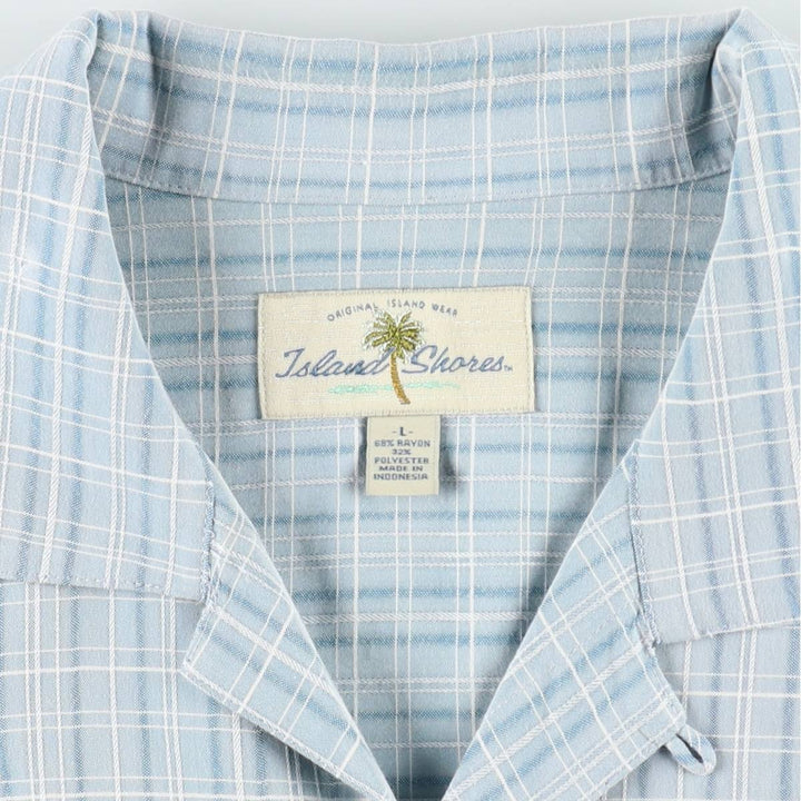 Island Shores Check Pattern Short-Sleeve Open Collar Rayon Shirt, Boxy Fit, Men's Size L (approx.) Rayon Blue type light blue Vintage Second Hand