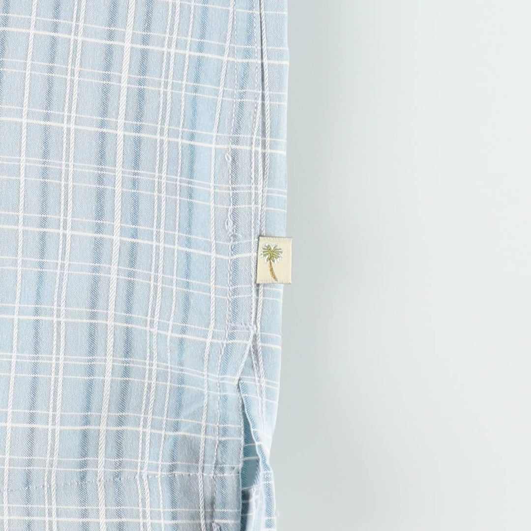 Island Shores Check Pattern Short-Sleeve Open Collar Rayon Shirt, Boxy Fit, Men's Size L (approx.) Rayon Blue type light blue Vintage Second Hand