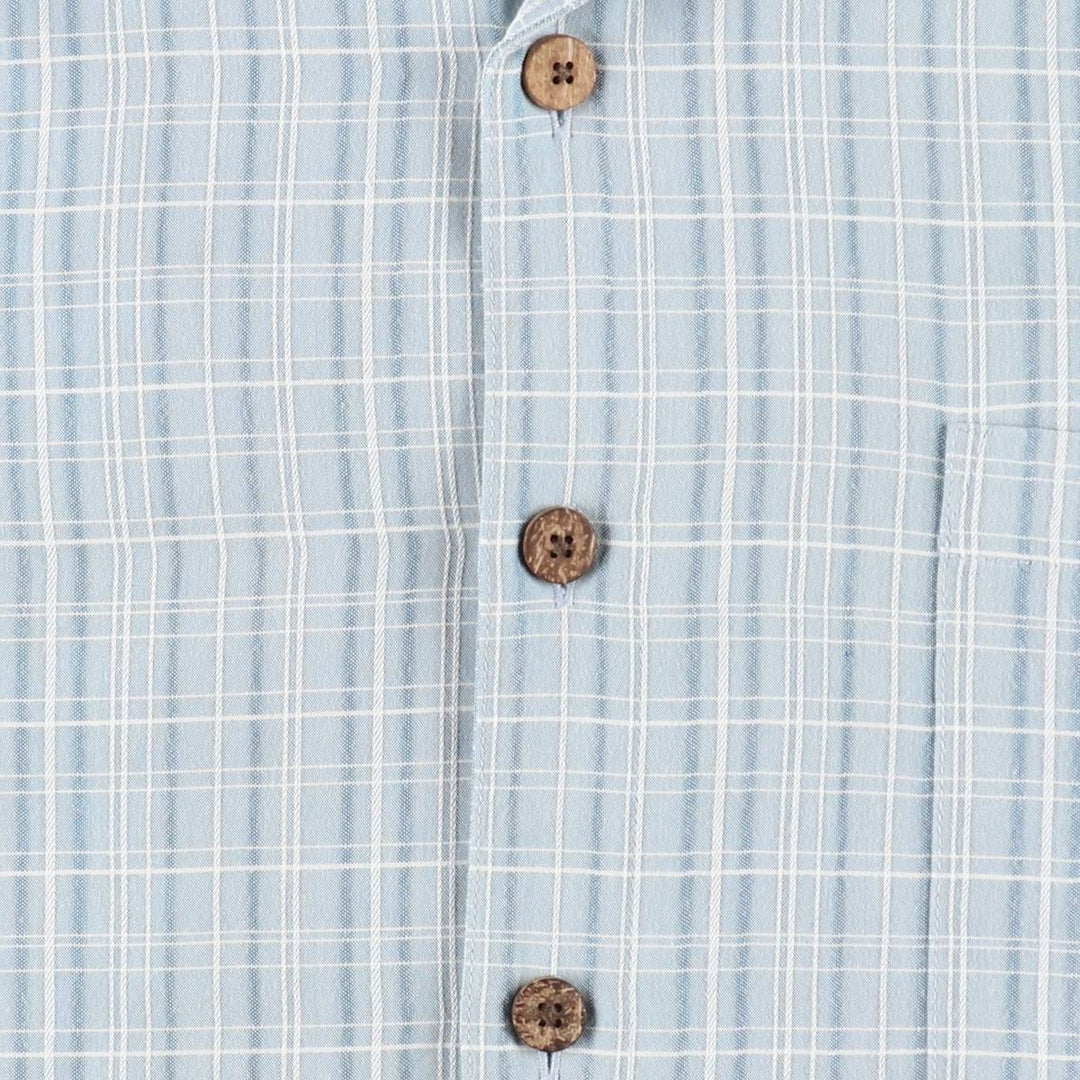 Island Shores Check Pattern Short-Sleeve Open Collar Rayon Shirt, Boxy Fit, Men's Size L (approx.) Rayon Blue type light blue Vintage Second Hand