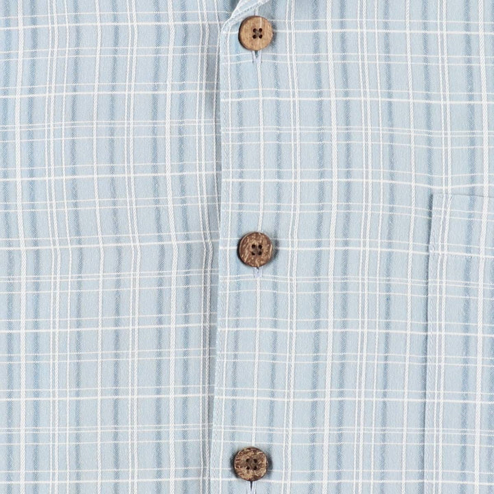 Island Shores Check Pattern Short-Sleeve Open Collar Rayon Shirt, Boxy Fit, Men's Size L (approx.) Rayon Blue type light blue Vintage Second Hand