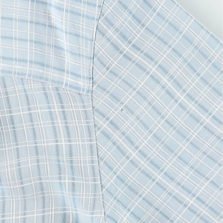 Island Shores Check Pattern Short-Sleeve Open Collar Rayon Shirt, Boxy Fit, Men's Size L (approx.) Rayon Blue type light blue Vintage Second Hand