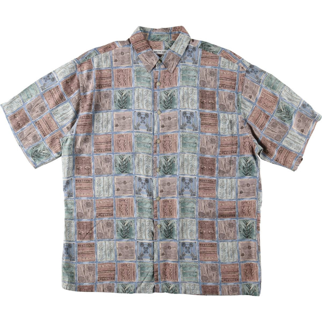 Pierre Cardin all-over print short-sleeved rayon shirt, boxy fit, men's size L. Rayon blue type Vintage Second Hand