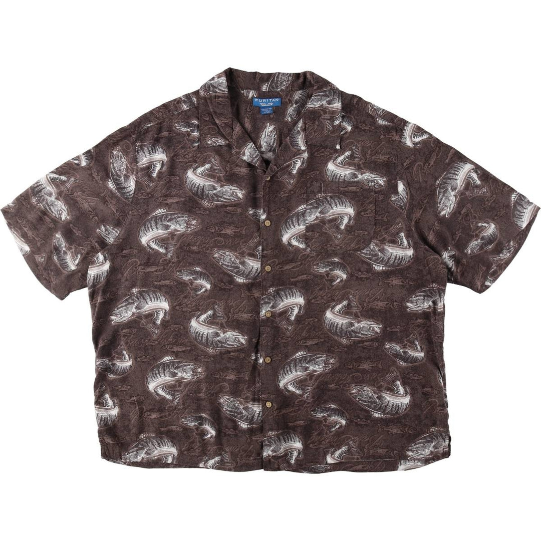 Puritan PURITAN All-over fish print short-sleeved open-collar rayon shirt, boxy fit, men's size XXL. Rayon brown type Vintage Second Hand