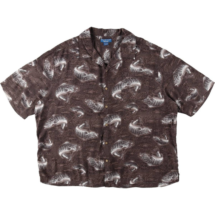 Puritan PURITAN All-over fish print short-sleeved open-collar rayon shirt, boxy fit, men's size XXL. Rayon brown type Vintage Second Hand