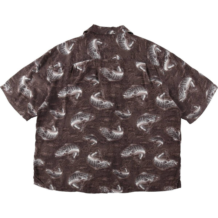 Puritan PURITAN All-over fish print short-sleeved open-collar rayon shirt, boxy fit, men's size XXL. Rayon brown type Vintage Second Hand