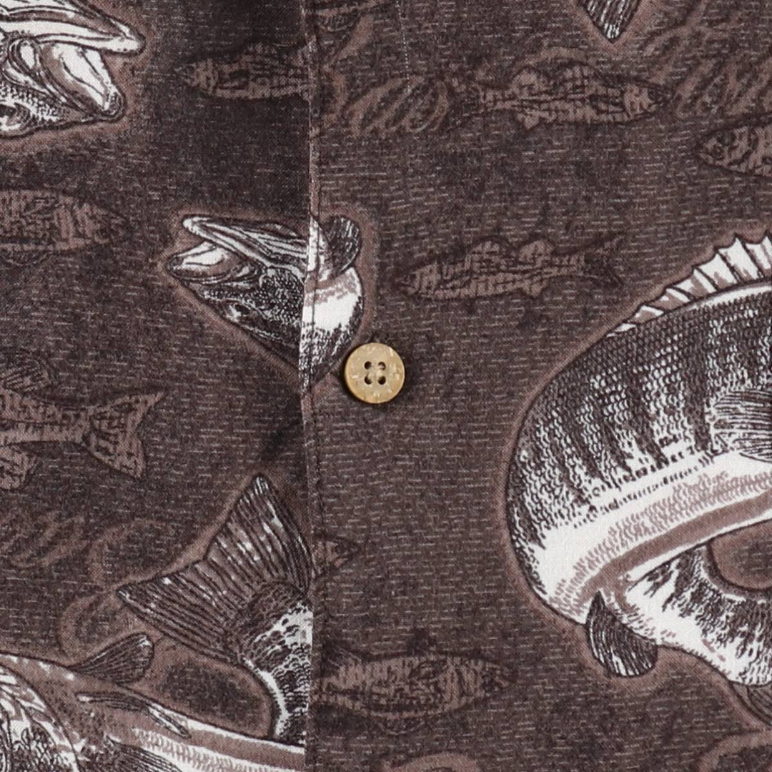 Puritan PURITAN All-over fish print short-sleeved open-collar rayon shirt, boxy fit, men's size XXL. Rayon brown type Vintage Second Hand