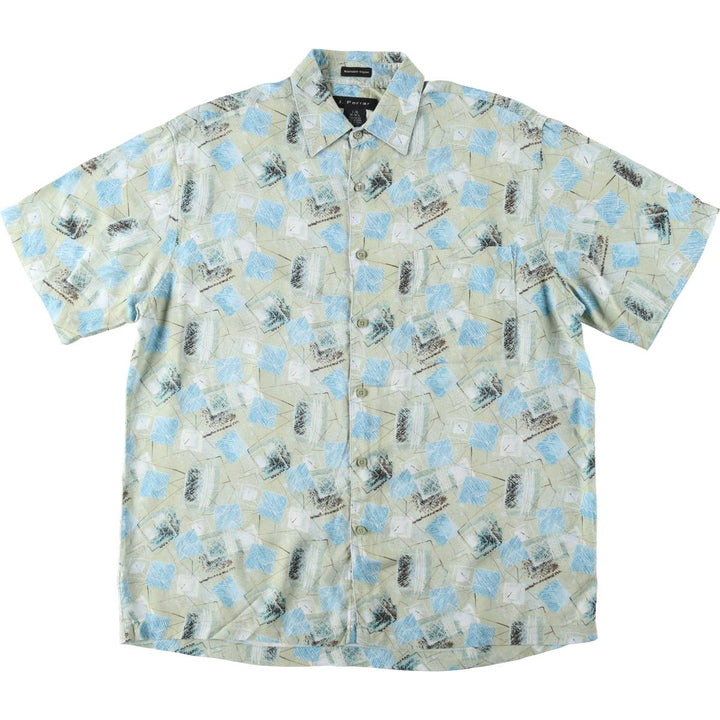 J.Ferrar all-over print short-sleeved rayon shirt, boxy fit, men's size L (approx.) Rayon Khaki type sage green Vintage Second Hand