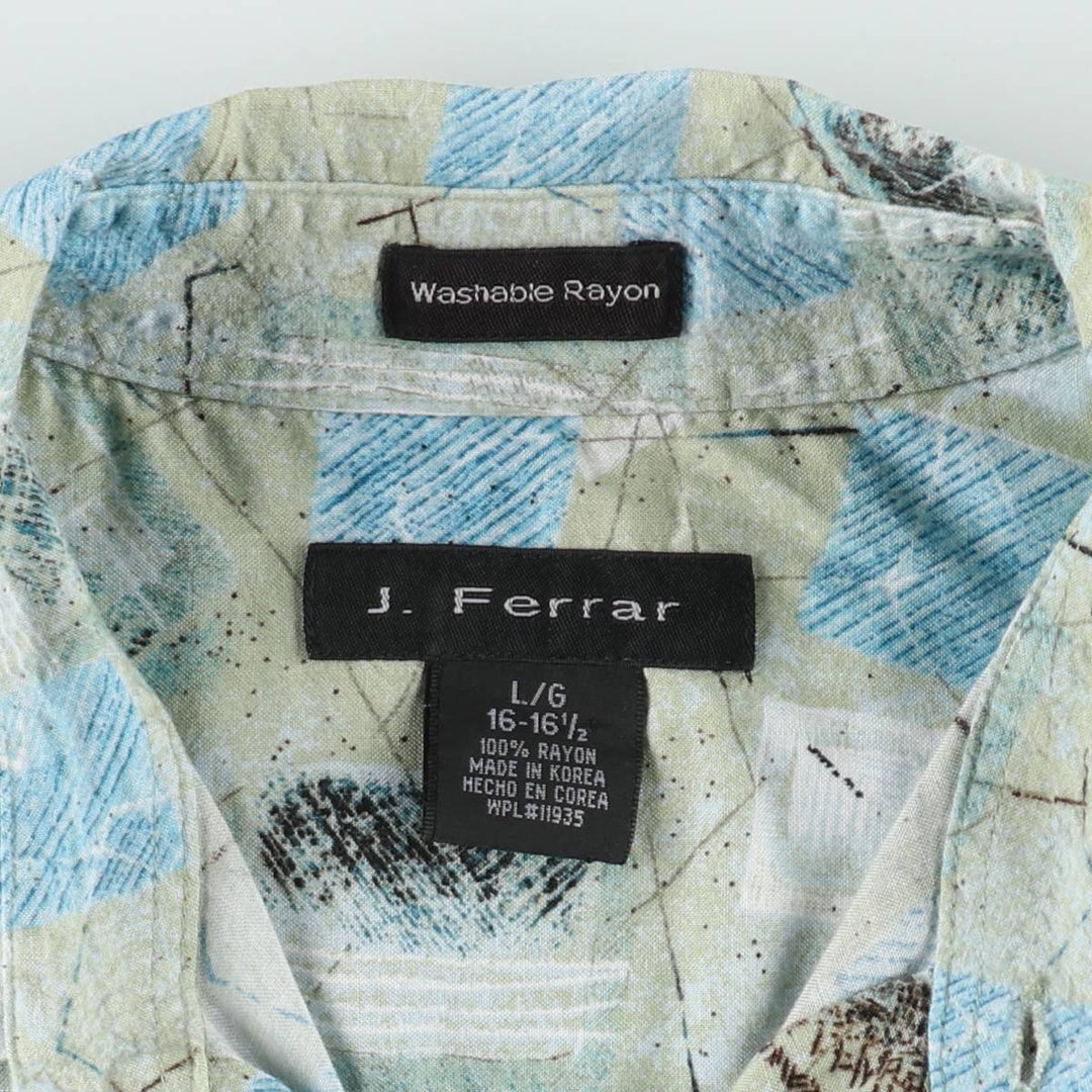 J.Ferrar all-over print short-sleeved rayon shirt, boxy fit, men's size L (approx.) Rayon Khaki type sage green Vintage Second Hand