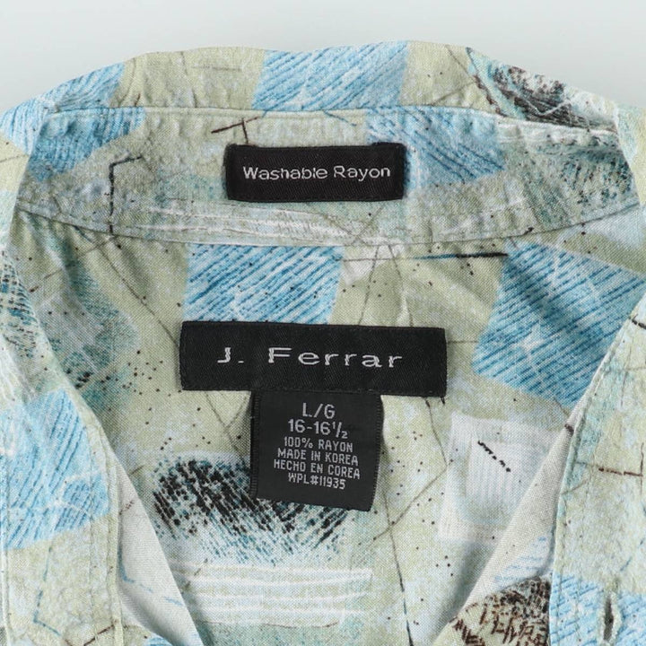 J.Ferrar all-over print short-sleeved rayon shirt, boxy fit, men's size L (approx.) Rayon Khaki type sage green Vintage Second Hand