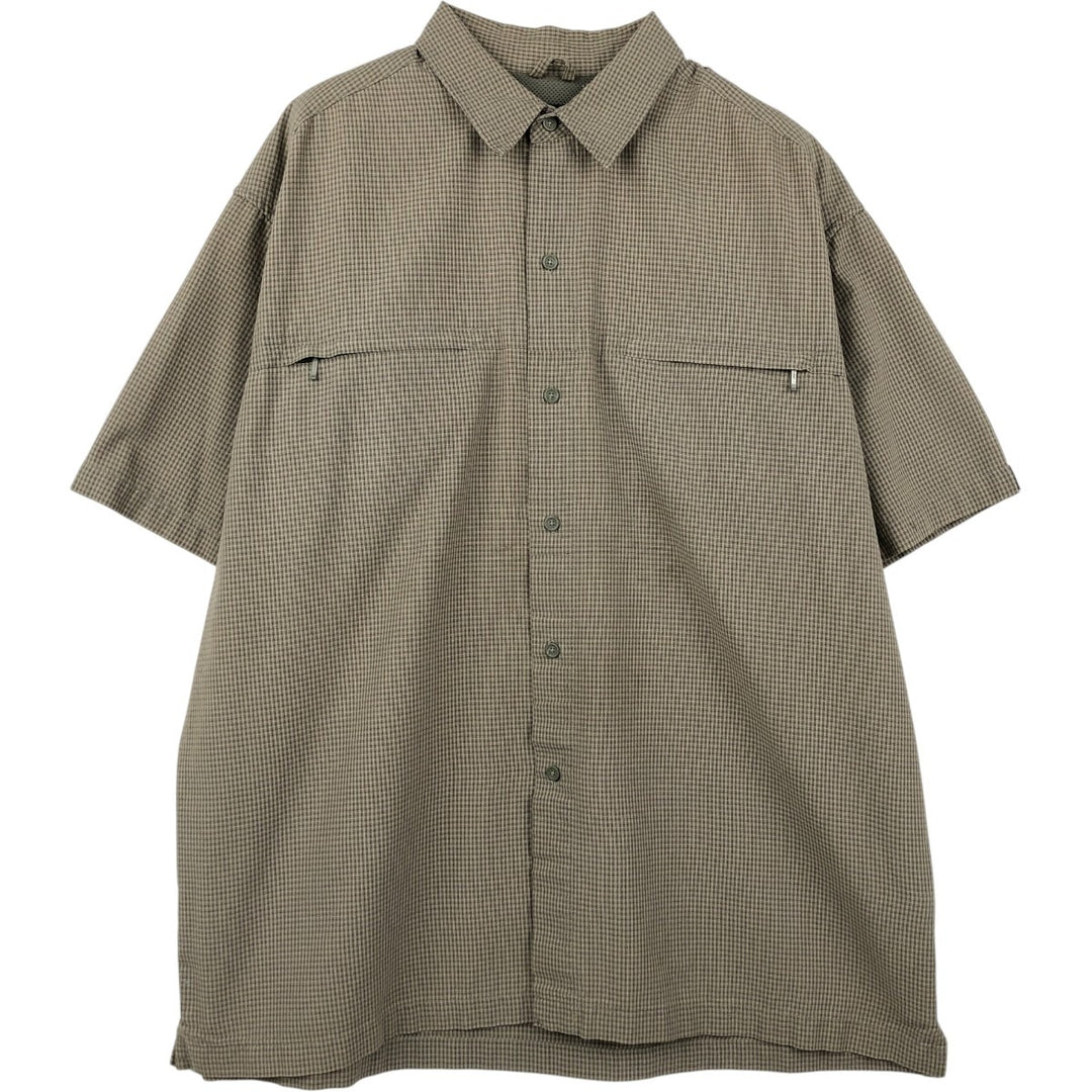 2000'S Eddie Bauer EBTEK Check Pattern Short-Sleeve Poly-Cotton Box Shirt, Men's XL Equivalent cotton Khaki type beige Vintage Second Hand