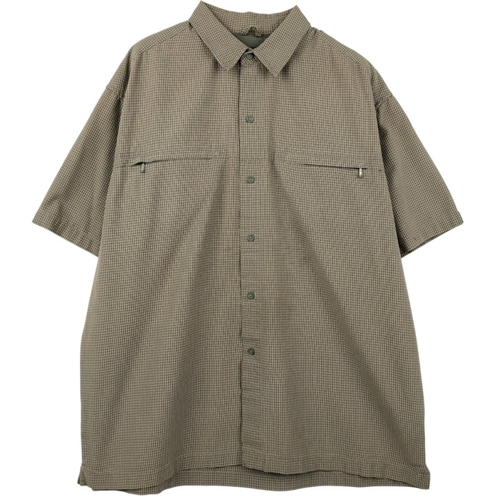 2000'S Eddie Bauer EBTEK Check Pattern Short-Sleeve Poly-Cotton Box Shirt, Men's XL Equivalent cotton Khaki type beige Vintage Second Hand