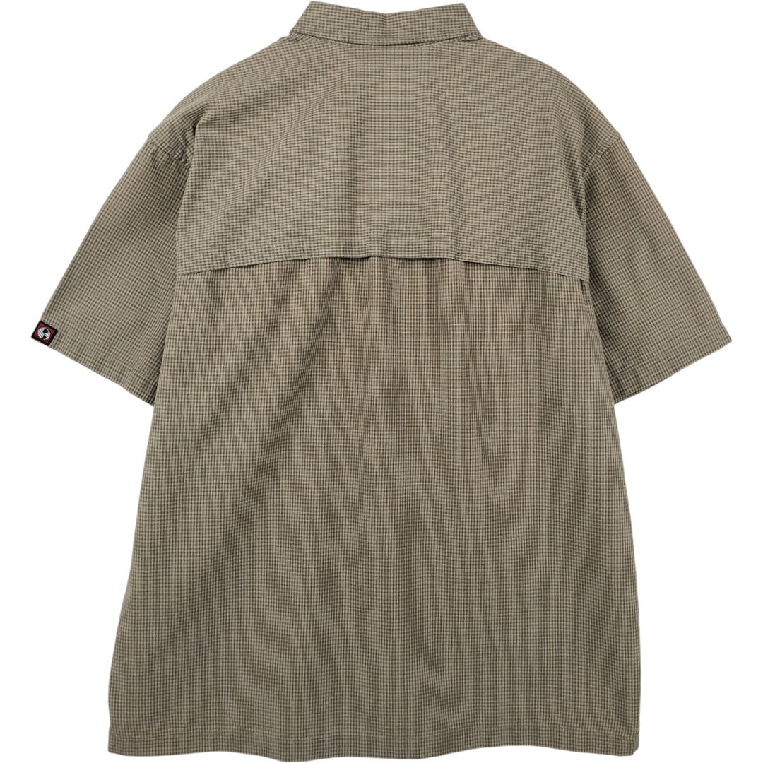 2000'S Eddie Bauer EBTEK Check Pattern Short-Sleeve Poly-Cotton Box Shirt, Men's XL Equivalent cotton Khaki type beige Vintage Second Hand