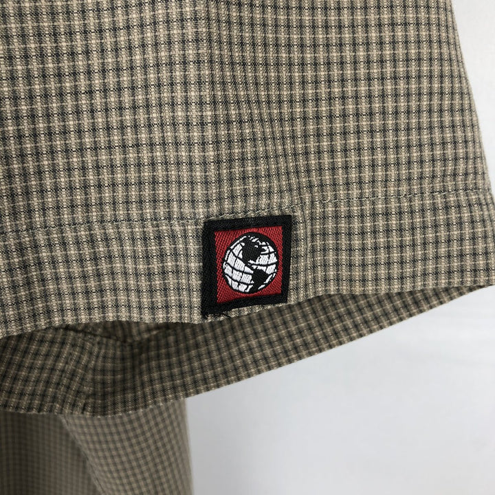 2000'S Eddie Bauer EBTEK Check Pattern Short-Sleeve Poly-Cotton Box Shirt, Men's XL Equivalent cotton Khaki type beige Vintage Second Hand
